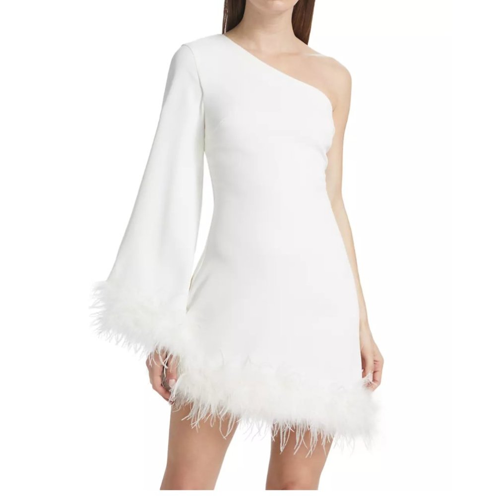 NWT. Elliatt Guinevere Feather-Trim Dress One-Shoulder Mini Dress in White